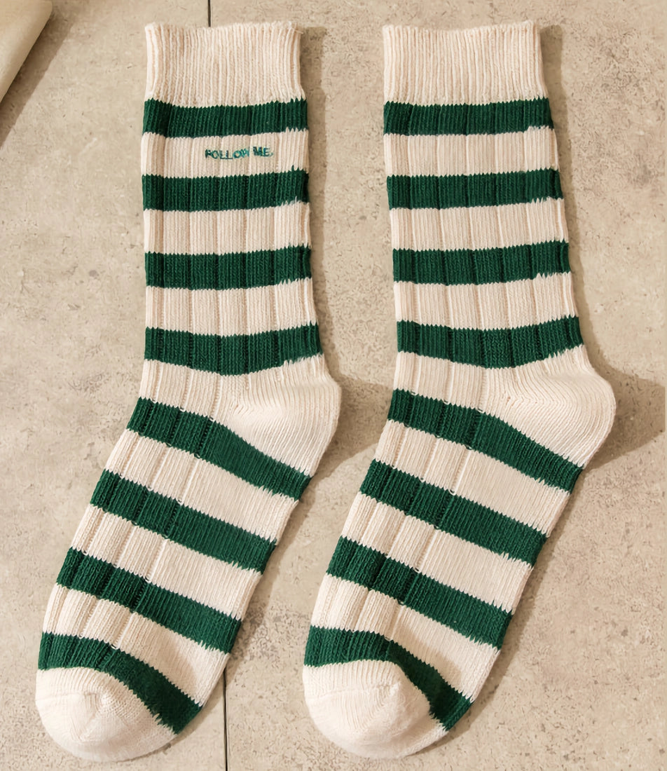 Unisex Cotton Green and White Striped Socks